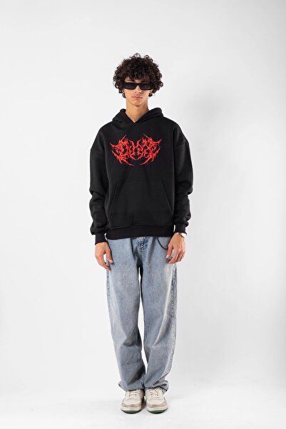 Sekizbiraltı Unisex Oversize Black Hoodie - Red Dusk Printed