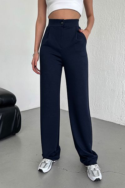 RuyaMood Women's Navy Blue High Waist Button Closure Lycra Pleated Palazzo Knitted Trousers