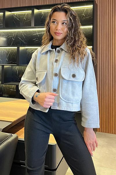 GÜLSELİ Gray Double Pocket Crop Top Stamp Coat