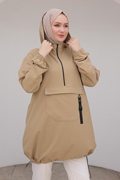 Armine TREND Kapüşonlu Yarım Fermuarlı Kolları Lastikli Tunik Bej 24KT402