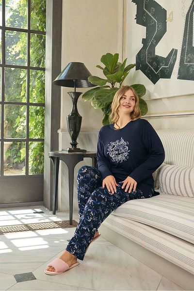 Aydoğan Navy Blue Bloom Plus Size Women's Pajama Set - 0650