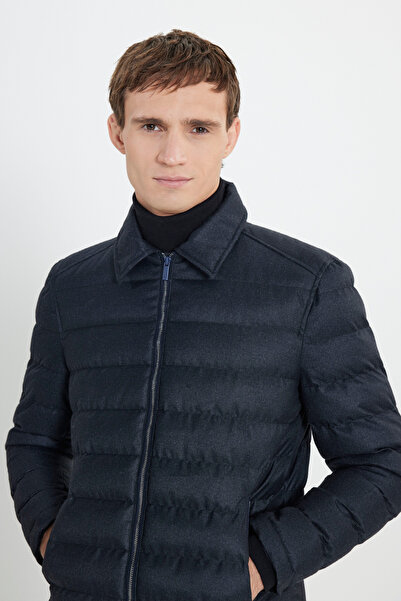 ALTINYILDIZ CLASSICS Πουκάμισο με φερμουάρ και πλαϊνές τσέπες με καπιτονέ μοτίβο φουσκωτό μπλε ναυτικό παλτό