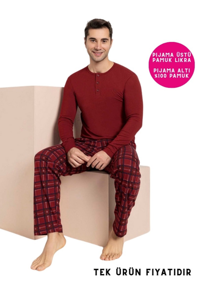 bie's Erkek-çift Sevgili Olabilir-bordo Ekose Modal Uzun Kol Mevsimlik Cepli Pijama Takımı
