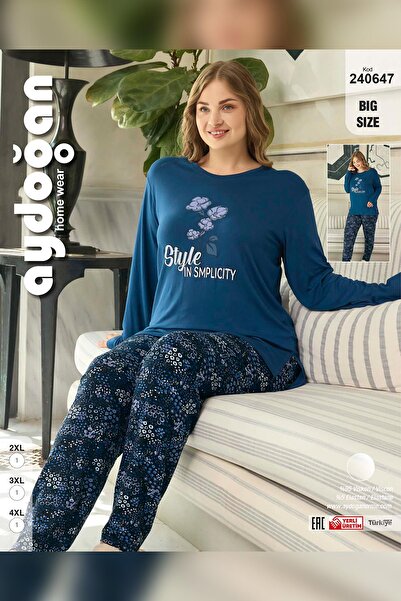 Aydoğan Women's Pearl Plus Size Style Midnight Blue Pajamas Set 0647