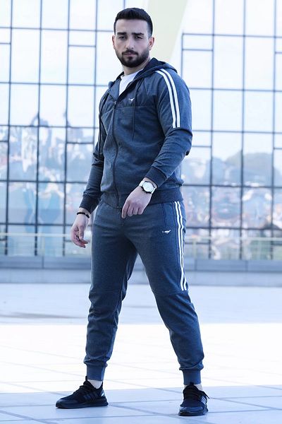 MİSHAR İTALİA Σετ ανδρικής φόρμας Anthracite Elastic Leg Hooded με λεπτομέρεια ρίγας