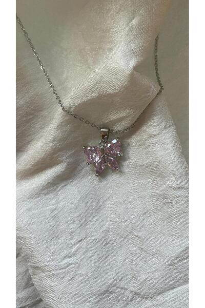 Pink Bijuteri Kadın Çelik Pembe Parlak Taşlı Kurdele Kolye-silver