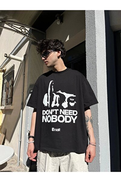 1blood Nobody Trust Baskılı Siyah Oversize Tshirt