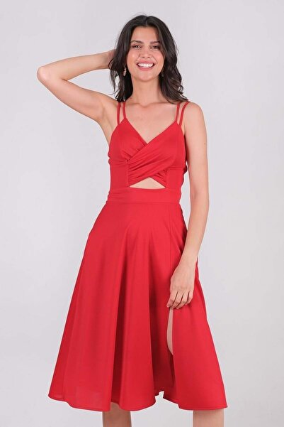 Spazio Cavallin Kruvaze Askılı Kısa Abiye Elbise Kırmızı