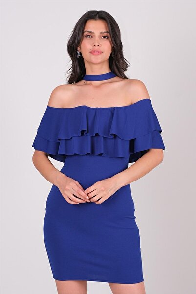 Spazio Leimı Boyundan Bağlı Fırfırlı Kısa Abiye Elbise