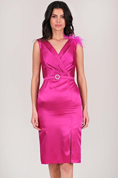 Spazio Gentilia Kruvaze Tül Aksesuarlı Kısa Abiye Elbise FUŞYA