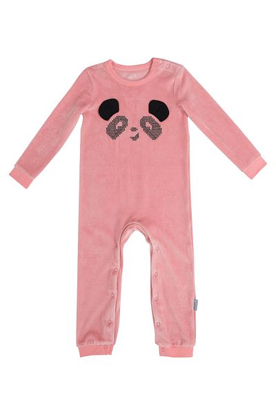 Gambino Pink Baby Girl Velvet Panda Embroidered Snap Jumpsuit