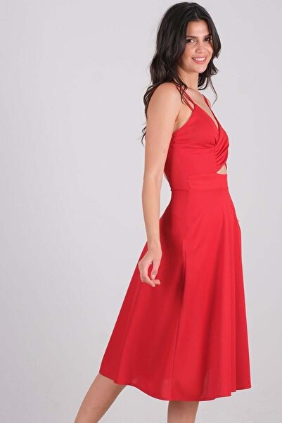 Spazio Cavallin Kruvaze Askılı Kısa Abiye Elbise Kırmızı