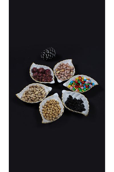 Home Set of 6 White Gilded Leaf Breakfast and Snack Bowl