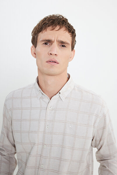 ALTINYILDIZ CLASSICS Πουκάμισο Oxford Regular Fit Relaxed Fit με κρυφό γιακά με κουμπιά καρό ΜΠΕΖ ΑΝΟΙΧΤΟ ΚΑΦΕ