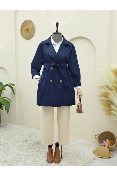 Modamorfo Intermediate Length Navy Trench Coat - Bolero Detailed and Buttoned