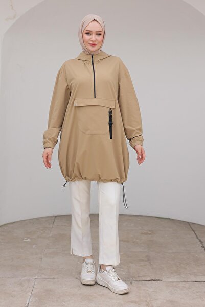 Armine TREND Kapüşonlu Yarım Fermuarlı Kolları Lastikli Tunik Bej 24KT402