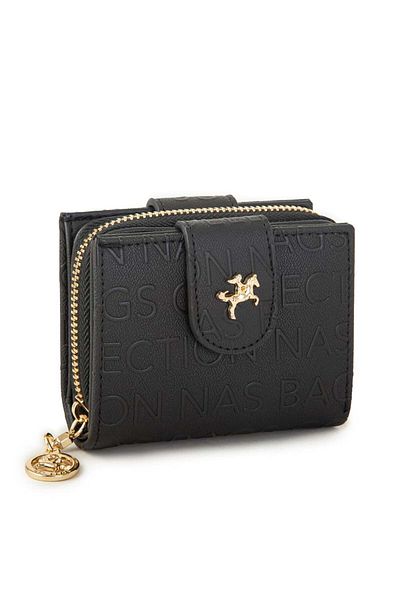 Nas Bag Women's Double Flap Mini Wallet Black Embossed