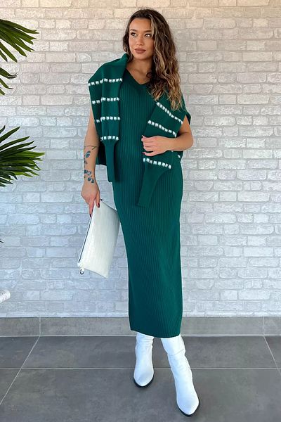 GÜLSELİ Emerald Green Knitwear Sweater Dress Double Set