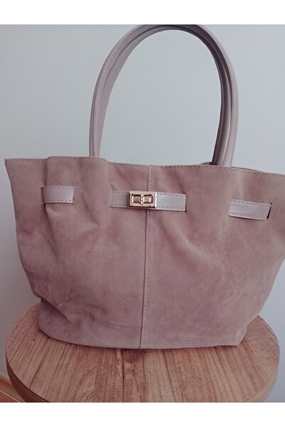 eflanmoda bej rengi süet içi astarlı çıtçıt kapama  el ve omuz çantası