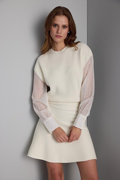 JOIN US Taşlı Tül Kollu Ekru Triko Kazak