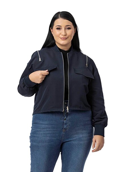 DISENTIS MODEST Бомбер-куртка темно-синього кольору з великим коміром і манжетами на застібці-блискавці