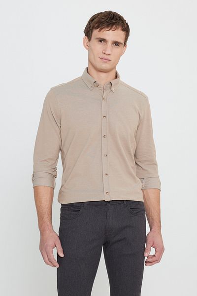 ALTINYILDIZ CLASSICS Βαμβακερό πλεκτό Slim Fit Slim Fit γιακά με κουμπιά γαλάζιο πουκάμισο