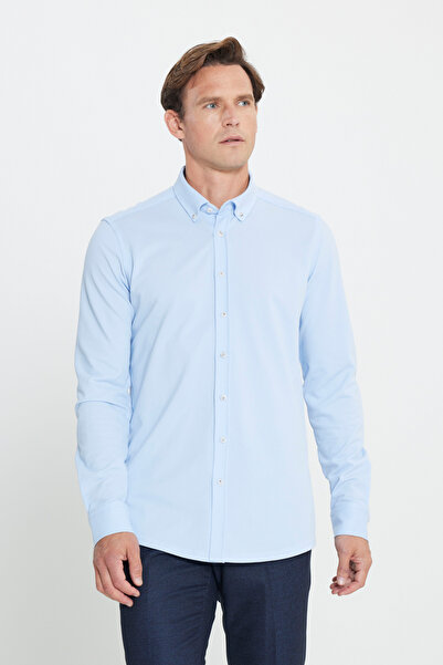 ALTINYILDIZ CLASSICS Pamuklu Örme Slim Fit Dar Kesim Düğmeli Yaka Açık Mavi Gömlek