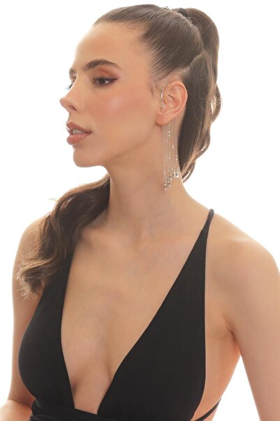 LABALABA Kadın Gümüş Renk Lak Kaplama Tek Taş Detaylı Sallantılı Yıldız Charm Earcuff&Kıkırdak Küpe