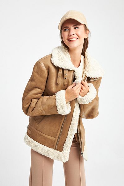 Ecrou Women's Camel Furry Front Zipper Suede Coat
