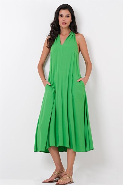 Spazio Patel Sırtı Çarpraz Askılı Elbise YEŞİL