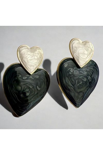 Kutcha Accessories Double Heart Marble Patterned Earrings - Black & White Gold Frame