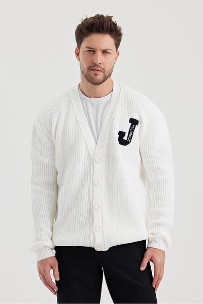 Tarz Cool Men's V-Neck Buttoned Cardigan with Text Detail