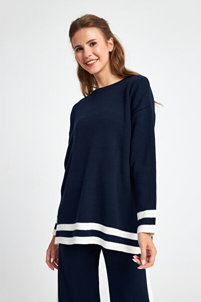 Ecrou Women's Navy Blue Bicycle Collar Striped Trousers Knitwear Set