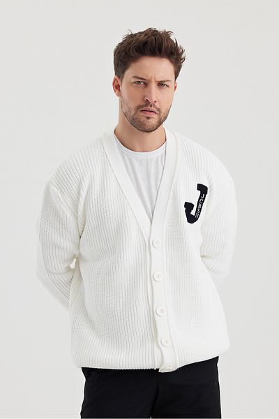 Tarz Cool Men's V-Neck Buttoned Cardigan with Text Detail