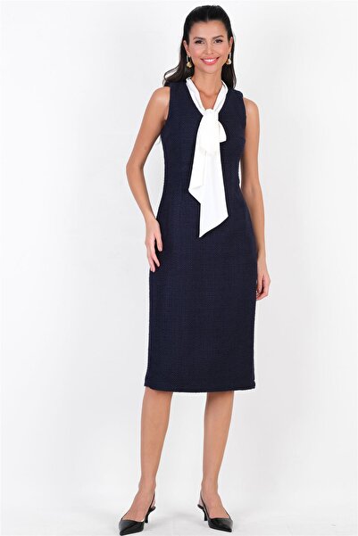 Spazio İvonetta Fularlı V Yaka Kolsuz Elbise LACİVERT