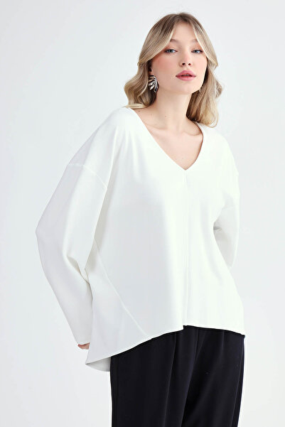 Vitrin Modal Fabric V-Neck Long Sleeve Loose Blouse
