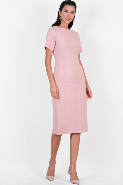 Spazio Peruggoria Kısa Kol Yuvarlak Yaka Simli Elbise PEMBE