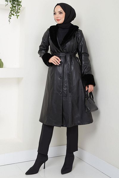 hafsamina Black Faux Leather Trench Coat - Fur Detail, Hm2540