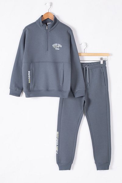 Cansın Mini Smoked Kangaroo Pocket Zipper Collar Boys' Raised Tracksuit Set 19613