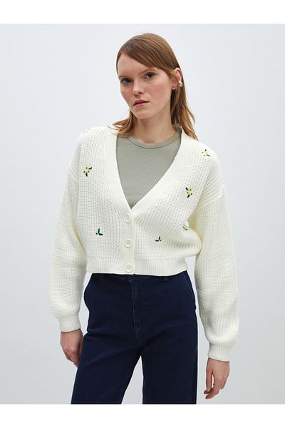 LC Waikiki V-Neck Embroidered Long Sleeve Women's Knitwear Cardigan