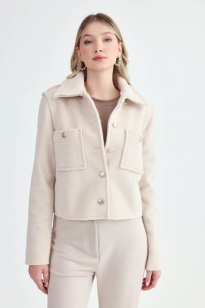 Vitrin Gold Buttoned Reverse Stitching Felt Fabric Crop Jacket