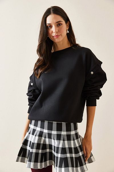 XHAN Black Snap Detailed Sweatshirt 5Kxk8-49003-02