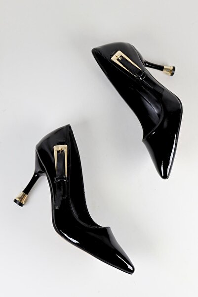 NiceDiffer Kadın Siyah Rugan Tek Tokalı Stiletto Topuklu Ayakkabı 7.5cm