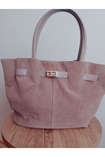 eflanmoda bej rengi süet içi astarlı çıtçıt kapama  el ve omuz çantası