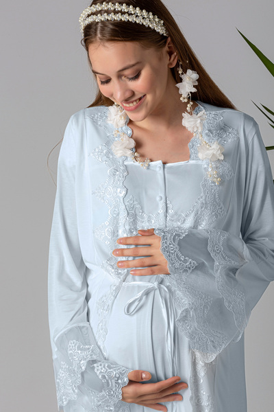 ByLohusa Effortt Mavi Sabahlıklı Hamile Lohusa Gecelik Takım