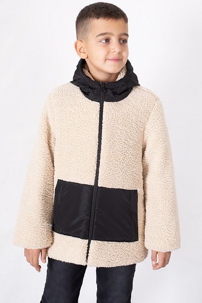 Cansın Mini Cardigan de pluș pentru băiat, cu buzunar cangur crem, cu glugă 19679