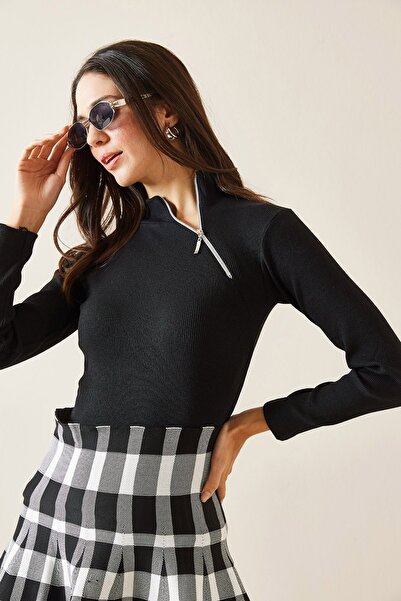 XHAN Siyah Yakası Fermuar Detaylı Bluz 5KXK3-48998-02