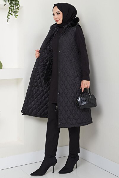 hafsamina Black Quilted Hooded Vest - Hm2539
