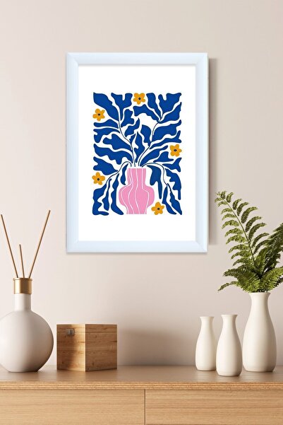 PEMBE VAZO MAVİ DESEN ÇERÇEVELİ CAMLI  TABLO 23.5X33,5