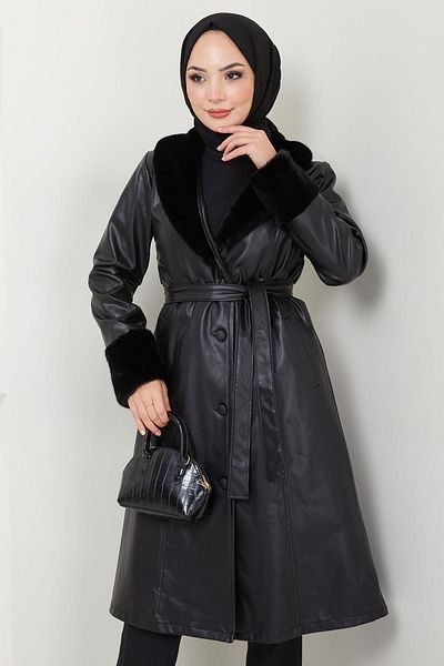 hafsamina Black Faux Leather Trench Coat - Fur Detail, Hm2540